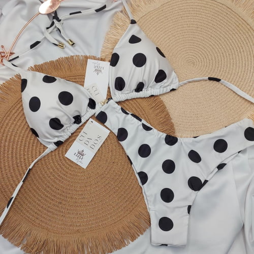 Biquiní Cortininha e Asa Delta Poá Branco/Preto