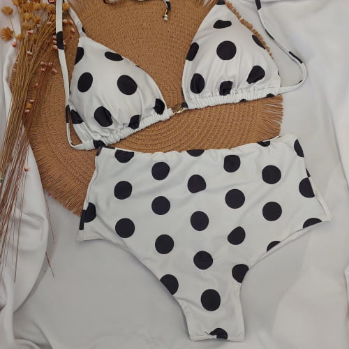 Biquiní Cortininha e Hot Pants Poá Branco/Preto